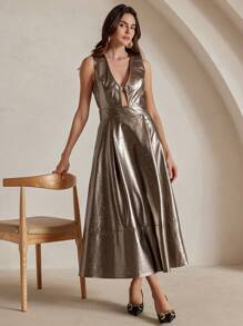 Anewsta Vestido de mujer Anewsta de unicolor con detalles metalizados, bolsillos y cuello en V, conjunto de primavera/verano para mujer, festival