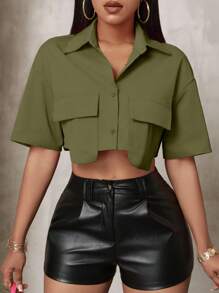 VaVaBold Women's Solid Color Button Front Short Sleeve Pocket Simple Casual Blouse - Army Green - View 1