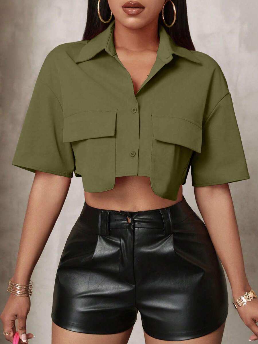 VaVaBold Women's Solid Color Button Front Short Sleeve Pocket Simple Casual Blouse - Army Green - View 1