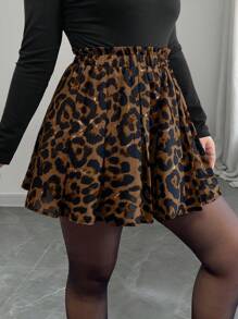 SHEIN Clasi Plus Size Women Casual Ruched Leopard Print Skirt - Brown - View 3