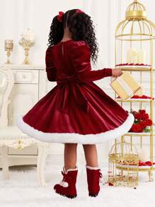 SHEIN Tween Girls' Elegant Christmas Party Dress, Balloon Sleeve, Waist Cinched, Fluffy Skirt, Burgundy Velour - Burgundy - View 1
