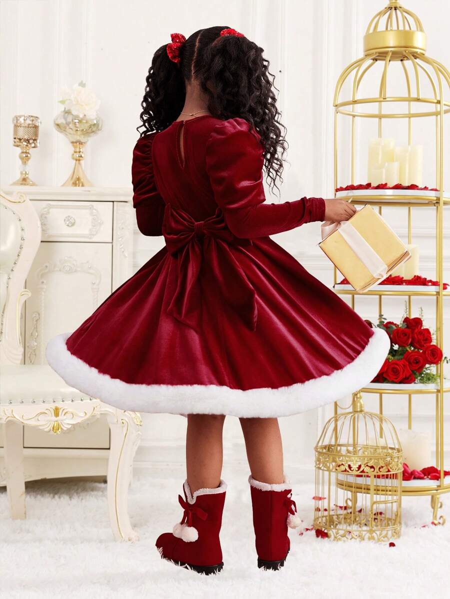 SHEIN Tween Girls' Elegant Christmas Party Dress, Balloon Sleeve, Waist Cinched, Fluffy Skirt, Burgundy Velour - Burgundy - View 1