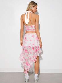 SHEIN EZwear Walentynkowa spódnica z asymetrycznym dołem i koronką w drobne kwiatki z niskim stanem - Różowy - Zobacz 2