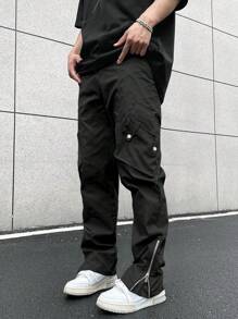 Manfinity EMRG Men's Solid Color Front Drawstring Pocket Simple Casual Cargo Pants, Everyday Wear - Black - View 3
