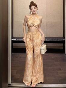 DAZY Floral Print Twist Front Top & Wide Leg Pants 2 Pieces Set For Women