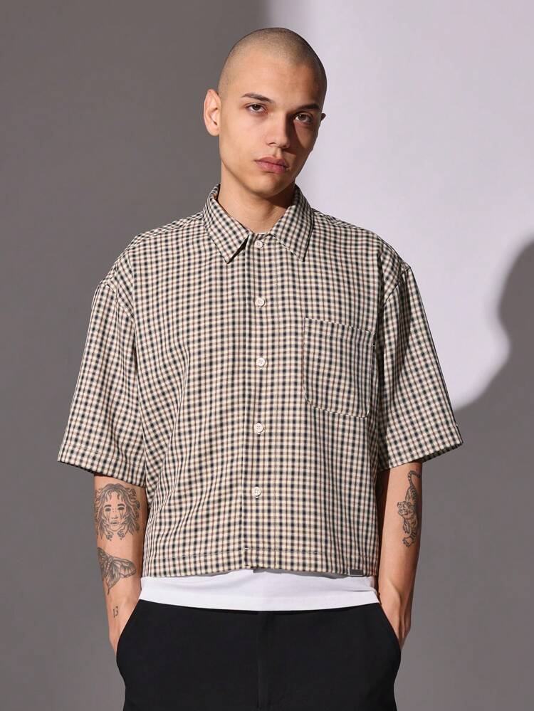 SUMWON Call My Stylist Gingham Check Boxy Shirt Streetwear Oversized Button Down Casual Urban Fashion Statement Graphic Print Unisex