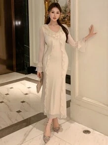 DAZY Mid-Calf Length Ruffle Hem Dress For Women, Valentine's Day Summer Elegant