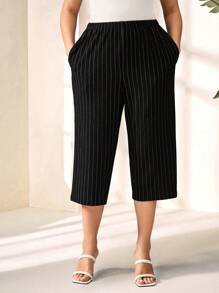 EMERY ROSE 大码女式夏季口袋条纹休闲 7/8 裤，日常穿着 - 黑與白 - 查看 6