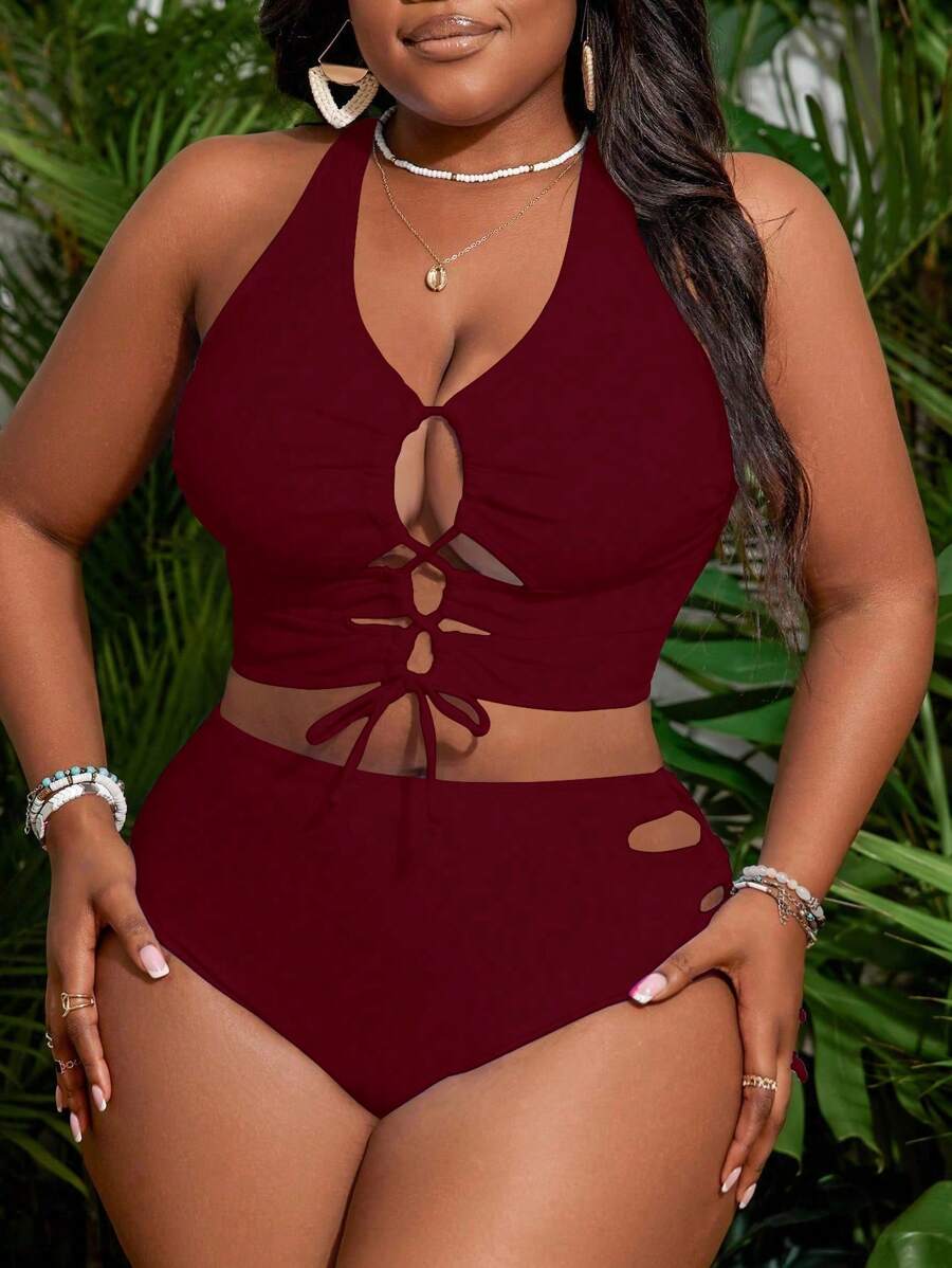 SHEIN Slayr CURVE Plus Size Solid Color Front Tie Bikini Top And Bottom Bikini Set Summer - Burgundy - View 1