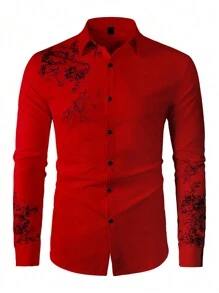 Manfinity Homme Men's Floral Print Front Button Long Sleeve Casual Top, Daily Wear, Fall - Red - View 1