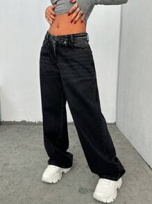 EURMUSE LOW RISE STRAIGHT CUT ASYMMETRIC BELT JEAN - Black - View 6