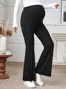 Modmama 2pcs Maternity High Waist Flared Pants, Solid Color Adjustable Waistband Pregnancy Trousers