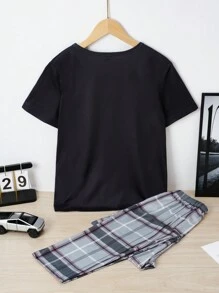2er Set Teenager Jungen Lässig Karomuster Flammhemmend Kurzarm T-Shirt und weite Hose Pyjamas, bequem - Schwarz - Übersicht 2