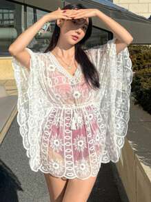 DAZY 女式 V 领长袖前系带透视休闲蕾丝罩衫，适合夏季海滩度假穿着 - 白色 - 查看 3