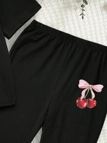 SHEIN 2pcs/Set Tween Girls Casual Bow & Cherry Graphic Print Short Sleeve Top And Pants Set, Summer - Black - View 4