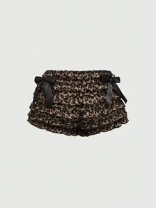 ROMWE J-Fashion 2pcs Y2K Sexy Women Set: Mesh Backless Bodycon Leopard Print Ruffle Shorts - Brown - View 6