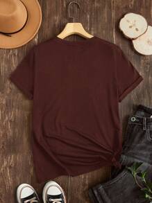 Tseoso 1 件女士休闲花卉印花圆领短袖常规版型夏季棉质 T 恤 - 巧克力棕 - 查看 8