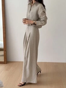 DAZY 女士两件套商务休闲条纹衬衫和宽松长裤套装，夏季亚麻家居服套装 - 卡其色 - 查看 4