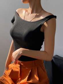 DAZY 1pc Women Open Shoulder Solid Color Fitted Short Sleeve Crew Neck Cropped Tee, Spring/Summer,Off Shoulder Top