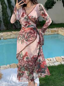 DAZY Women's Muses Print Cinched Waist Sundress, Bohemian Long Dress, Spring Vacation/Resort Wear Floral Boho - Red - View 6