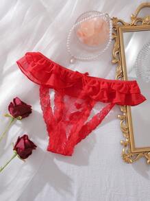 PetitDoll Valentine's Day Double Ruched Pleated Lace Bow Cute Heart Sexy Ladies Panties, Open-Crotch