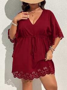 SHEIN VCAY Plus Size Holiday Solid Tie Waist Beach Casual Cover Up Dress Summer