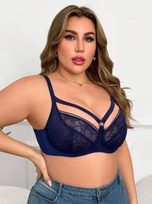 1pc Plus Size Contrast Lace Underwire Bra Lingerie - Royal Blue - View 5