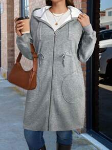Plus Size Hooded Zipper Jacket Featuring Asymmetric Plaid Textured Fabric And Cinched Waist - Grey - View 3