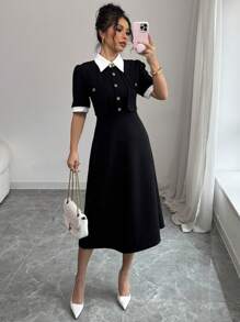 Elenzga Contrast Collar Button Waist Decor Short Sleeve Mid-Length Women's Dress - Black - View 4