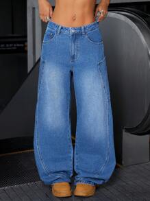 SHEIN ICON 女式前扣口袋简约休闲牛仔裤，日常穿着 - 藍色 - 查看 5