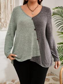 EMERY ROSE 大码女式休闲撞色长袖纽扣不对称下摆 T 恤，秋季 - 薄荷綠 - 查看 1