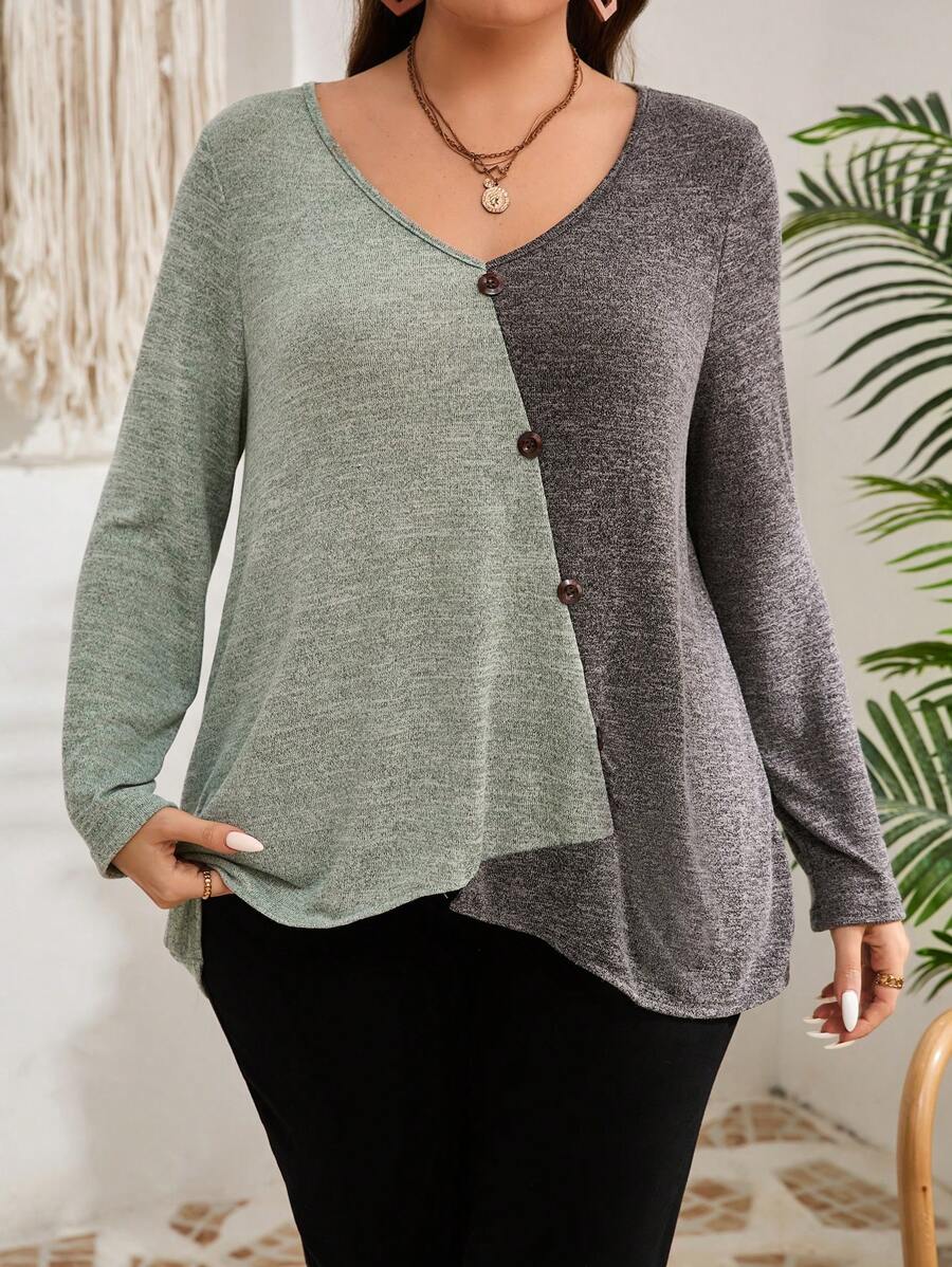 EMERY ROSE 大码女式休闲撞色长袖纽扣不对称下摆 T 恤，秋季 - 薄荷綠 - 查看 1