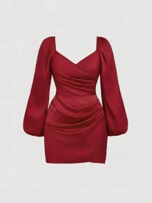 SHEIN MOD Plus Size Women Square Neck Ruched Bodycon Long Sleeve Mini Dress, - Red - View 1