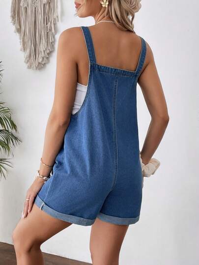 SHEIN Quần yếm denim bo gấu cho bà bầu, màu xanh