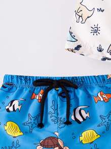 SHEIN Leap Crew Conjunto de 3 piezas de ropa deportiva informal para niños pequeños con pantalones de traje de baño con patrones de dinosaurios y conchas, un conjunto de pantalones de traje de baño rentable y multipieza, trajes de baño para niños, ropa para niños, conjunto de vuelta al colegio para niños, adecuado para natación al aire libre, adecuado para primavera y verano - Azul - Ver 13