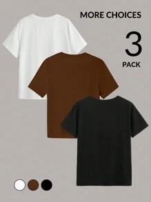 SHEIN EZwear Set de 3 camisetas de manga corta con estampado de texto en inglés de ajuste holgado y cuello redondo, adecuado para el verano - Multicolor - Ver 2