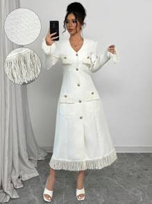 SHEIN Unity 女士纯色 V 领长袖单排扣优雅流苏宫廷长款开衫 - 米色 - 查看 1
