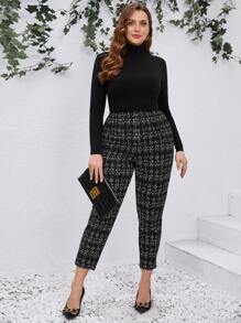 SHEIN Tall CURVE Plus Size High Waist Elastic Plaid Simple Slim Fit Casual Pants,Office Outfits For Women - Black - View 6