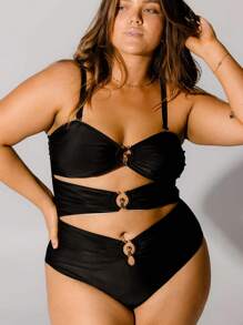 Aralina Elegant Curve Black Three-Ring Gold Trim Cutout One Piece With Swim Bag For Summer Beach Vacation - Black - View 1