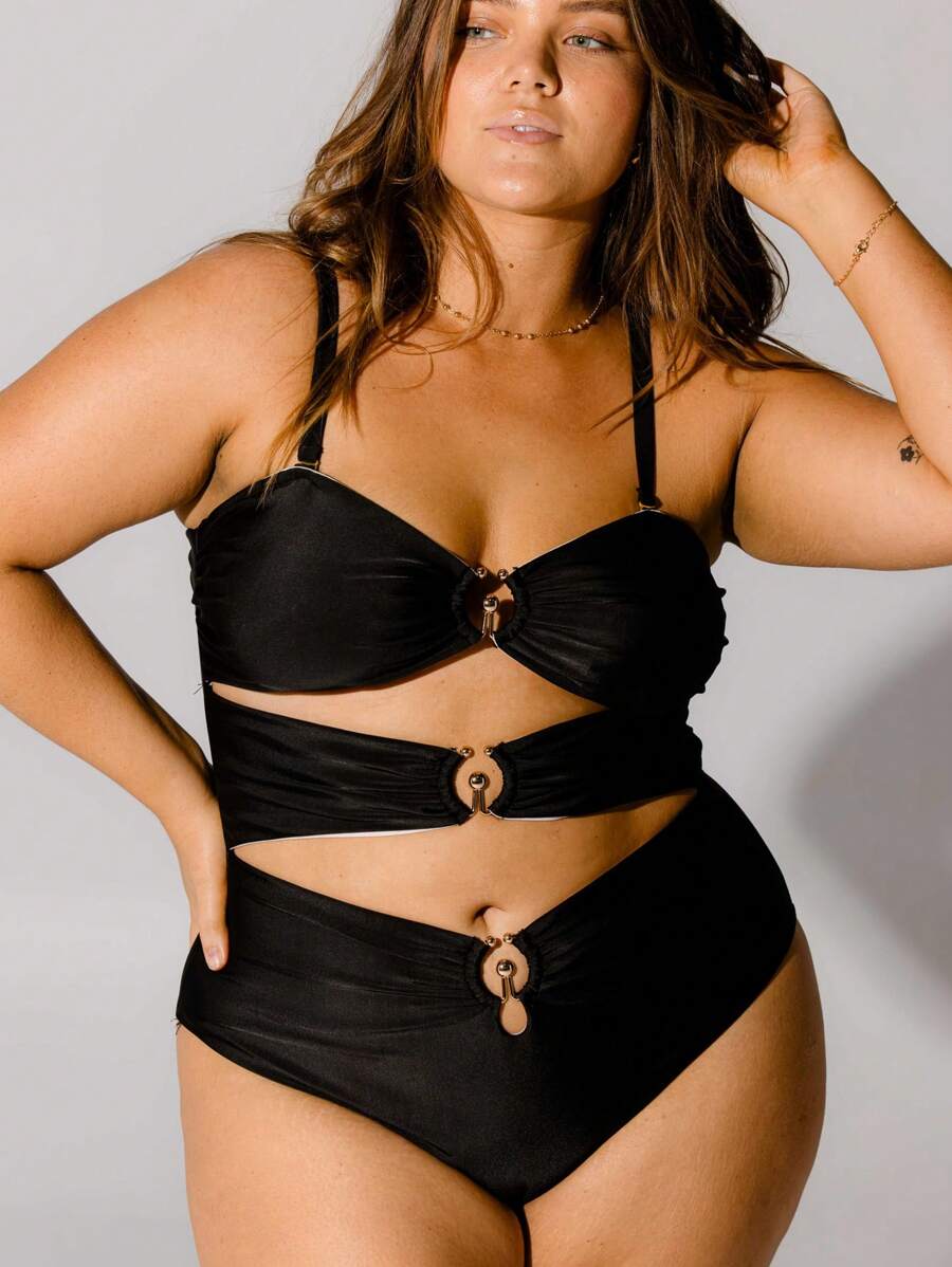 Aralina Elegant Curve Black Three-Ring Gold Trim Cutout One Piece With Swim Bag For Summer Beach Vacation - Black - View 1