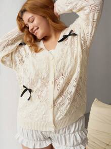 SHEIN EZwear Große Größen Hollow Out Schleife Dünne, lockere Strickjacke, Frühling - Aprikosenfarben - Übersicht 3