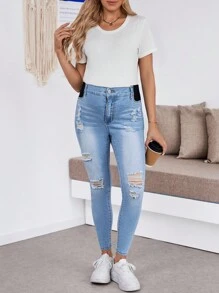 SHEIN Maternity Front Button Pocket Ripped Simple Casual Stretchy Skinny Jeans - Blue - View 3