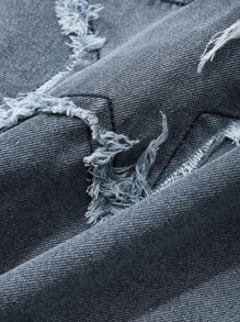 DAZY 女式圆领、落肩、五角星磨损设计宽松牛仔上衣 - 中等水洗藍 - 查看 7