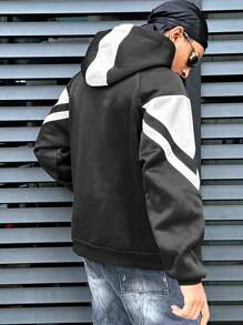 Sudadera con capucha negra suelta de manga larga y bloqueo de color casual para hombres, otoño/invierno