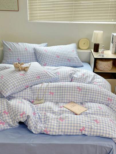 3 piezas Juego de ropa de cama 100% algodón con moño lindo, 2 fundas de almohada + 1 edredón