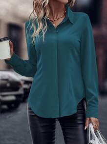 EMERY ROSE Women's Solid Color Long Sleeve Single-Breasted Casual Shirt, Autumn Fall Cloth For Women - Teal Blue - View 4
