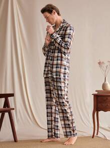 SHEIN EverLounge Heren 2-delige set geruite lange mouwen enkelrijs top en broek nachtkleding pak