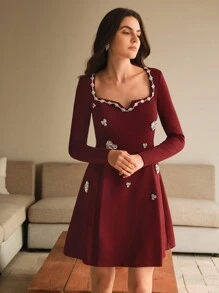 Anewsta Elegant Short White Long Sleeve Dress With Heart-Shaped Rhinestone Decor, Suitable For Valentines, Spring, Festival Outfits