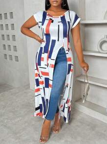 Maweii Áo thun nữ cổ chữ V họa tiết chắp vá hình học cỡ lớn, eo thắt chặt, viền xẻ, thường ngày mùa hè - Nhiều màu - Xem 5