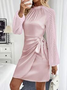 SHEIN Clasi Women's Round Neck Raglan Lantern Sleeve Side Knot Elegant Dress - Baby Pink - View 1